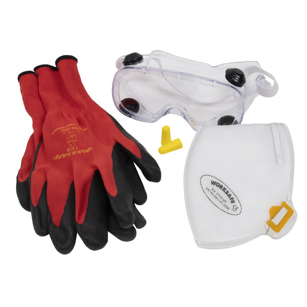 Sealey Flexi Grip Gloves, FFP2 Mask, Goggles & Ear Plugs SEP3